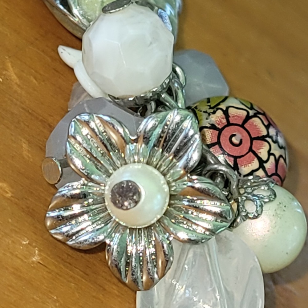 Vintage Floral Bead Cluster Tassel Necklace Silver Tone Long 26"